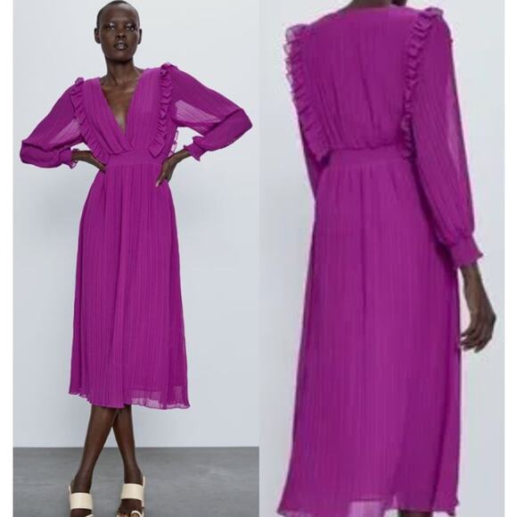 Zara Dresses & Skirts - Zara 3/4 Sleeve Ruffle Trim Pleated Midi Dress Imperial Purple Women's Size S